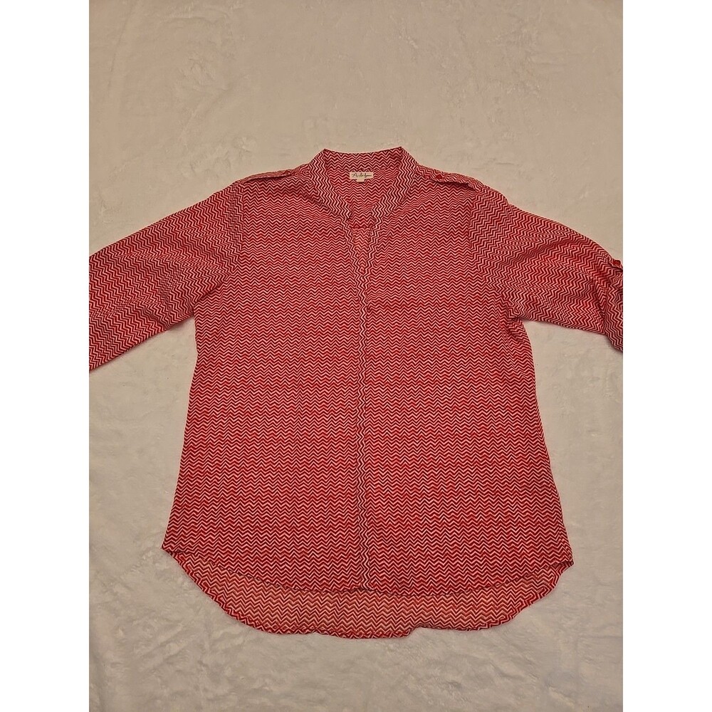 ANTILIA FEMME Womens Size Medium Blouse Roll Cuff Sleeve Chevron Chiffon Top